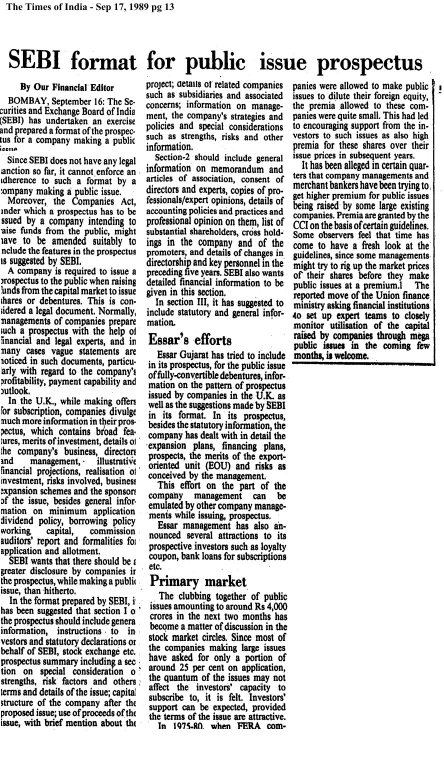 SEBI undertaken an exercise to prepare a format for public issue prospectus 