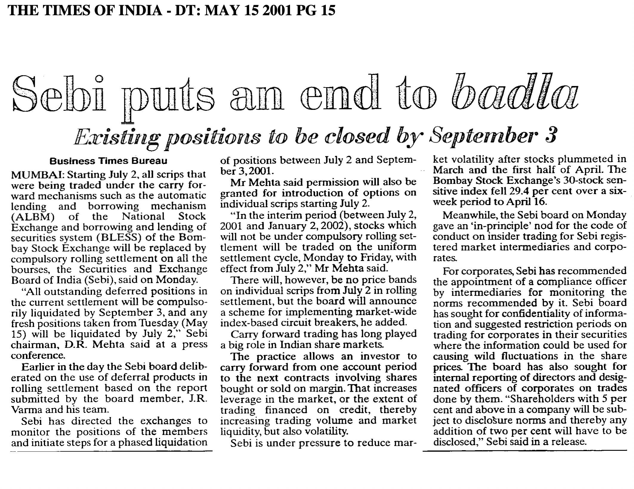 SEBI puts an end to badla