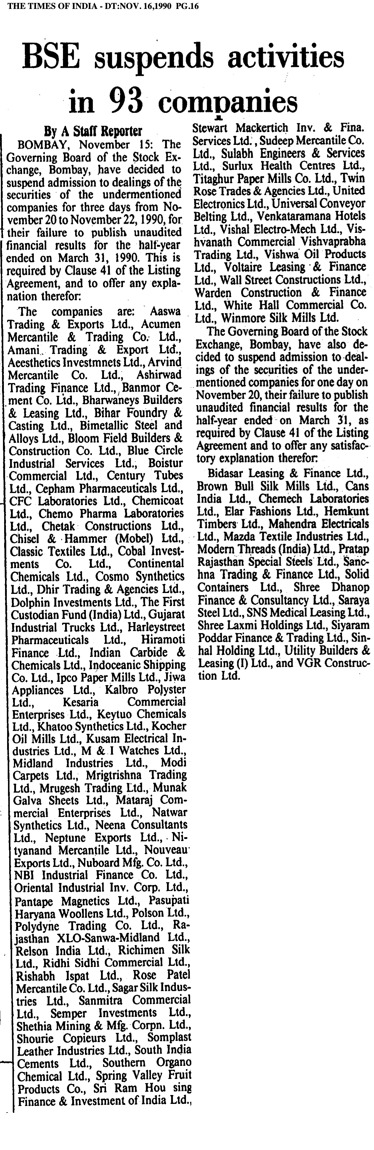 BSE suspends activities in 93 companies
