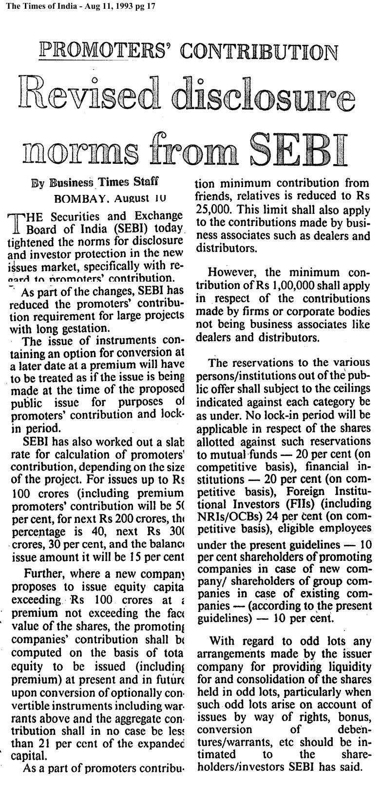 Promoter's Contribution - Revised disclosure norms from SEBI - MISM